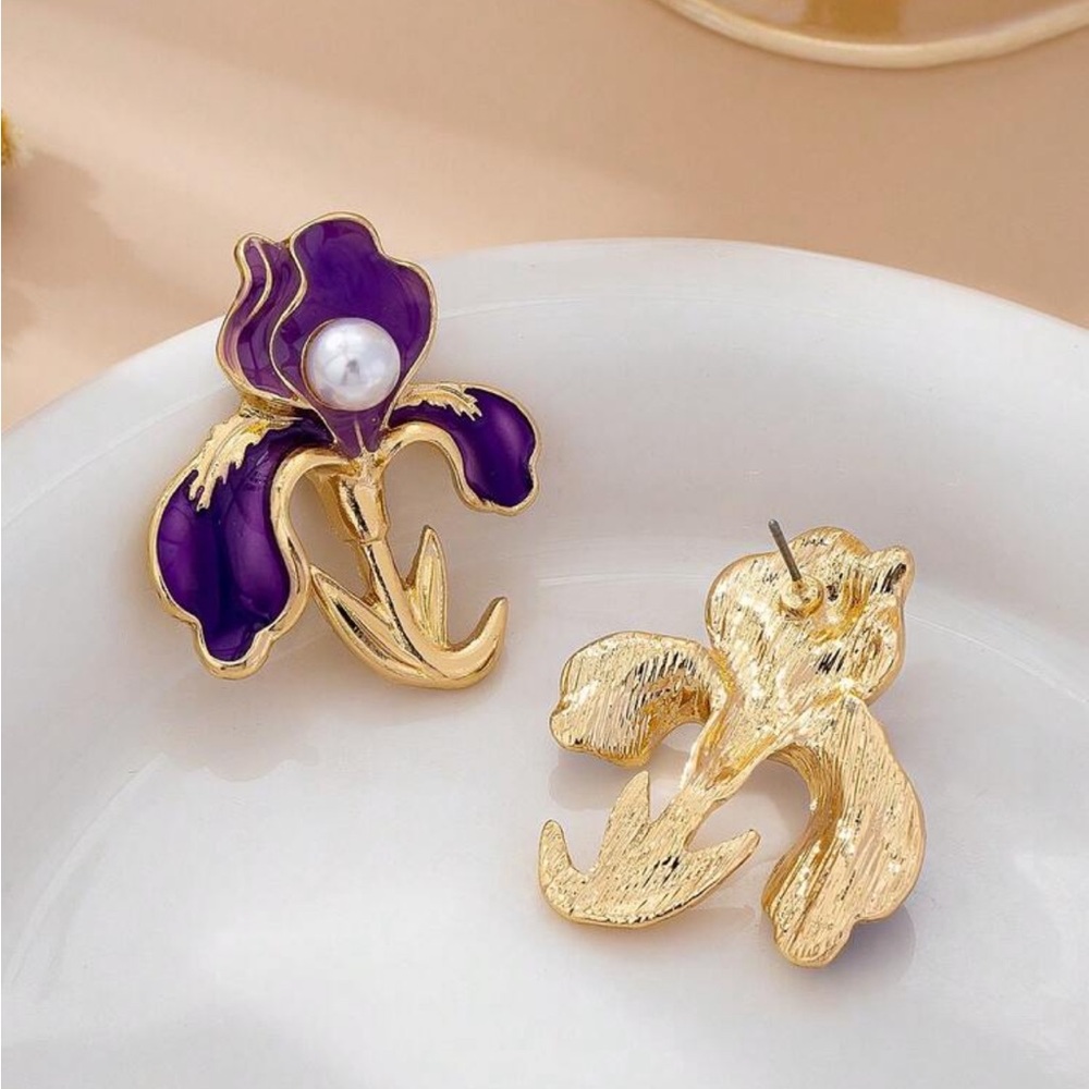 Purple Floral Pearl Accent Earrings - Women Jewelry R 390 - Picture 2 of 3